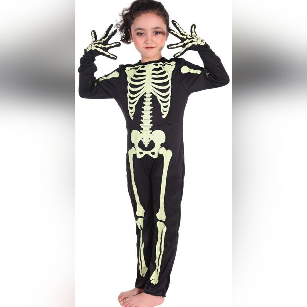 Kids Familus Glow in the Dark Skelton Halloween Costume Size 12-14